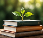 Seedling growing from a stack of books
